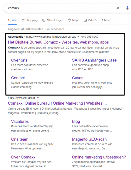 Screenshot Comaxx zoekresultaten ads
