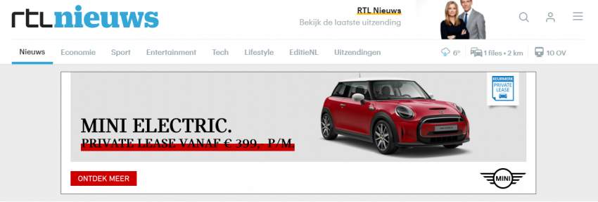 MINI display advertentie op RTL nieuws
